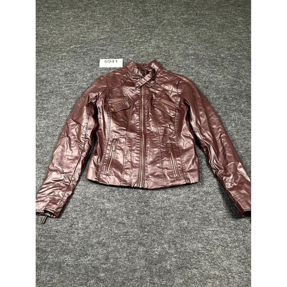 JOUJOU Faux Leather Moto Jacket Womens Small Burgundy Lined Full Zip Racing